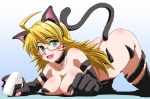 animal_humanoid antenna_hair ass_up bare_shoulders big_breasts blonde_hair blush breast_rest breasts butt capcom cat_humanoid choker clothed clothing cosplay darkstalkers eyewear fangs felicia_(darkstalkers) felid felid_humanoid feline feline_humanoid female food glasses green_eyes hair hoshii_miki humanoid idolmaster jewelry looking_at_viewer lying mammal mammal_humanoid necklace on_front onigiri paws rice rikumoto_yoshiyuki skimpy solo tail teeth whiskers