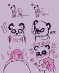 angry anthro apron blush clothing duo exclamation_point eyes_closed fur hair hug hugging_another hugging_from_behind tongue tongue_out magnta animal_crossing nintendo chow_(animal_crossing) magntasona bear giant_panda human mammal 2020 digital_media_(artwork)