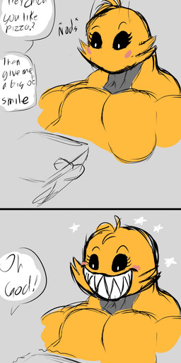2_panel_comic dialogue female grey_background muscular muscular_female sharp_teeth simple_background teeth text yellow_body kattman five_nights_at_freddy's scottgames chica_(fnaf) robot_anthro absurd_res comic english_text hi_res sketch