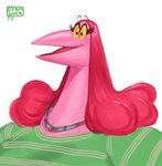 anthro beak cartoon_eyes clothed clothing eyebrows eyelashes female green_clothing green_topwear hair jewelry long_hair necklace obese obese_anthro obese_female open_mouth open_smile overweight overweight_anthro overweight_female parted_hair pink_body pink_hair simple_background smile solo toony topwear yellow_eyes dyna_soar petunia_(dyna_soar) avian bird bust_portrait digital_media_(artwork) digital_painting_(artwork) hi_res portrait shaded signature soft_shading