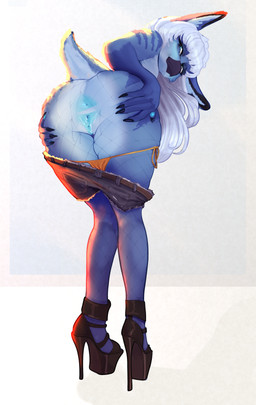 anthro anus beak bent_over big_anus blue_anus blue_body blue_eyes blue_vulva bottomwear bottomwear_down butt claws clothed clothing cyanotic_epithelium female finger_claws fingerpads fishnet_clothing fishnet_legwear footwear genitals hair hand_on_butt high_heels legwear long_hair looking_back low-angle_view markings pants pants_down partially_clothed pawpads presenting presenting_hindquarters scut_tail shoes short_tail simple_background solo spread_anus spreading standing striped_markings stripes tail vulva white_hair wide_hips anonymous_artist terena_(axel0527) avian bird hybrid lagomorph leporid mammal rabbit absurd_res digital_media_(artwork) hi_res