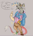 2024 anthro beard bottomwear bulge chimera clothing discord_(mlp) draconequus english_text facial_hair friendship_is_magic gold_(metal) gold_tooth grey_background hasbro male my_little_pony pants simple_background solo speech_bubble text tiredtizzy