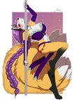 4_toes 5_fingers anthro black_nose breasts clothed clothing feet female fingers fur hair multi_tail orange_body orange_fur purple_hair solo standing tail toes white_body white_fur amur canid canine fox mammal 2020 digital_media_(artwork) hi_res