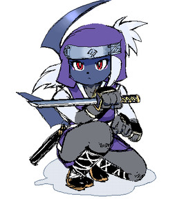 ambiguous_gender anthro biped black_clothing black_footwear black_handwear black_nose blue_face bottomwear brown_clothing brown_footwear clothed clothing crouching footwear frown fully_clothed fur grey_body grey_clothing grey_fur grey_headwear hair handwear headgear headwear holding_melee_weapon holding_object holding_sword holding_weapon iris looking_at_viewer melee_weapon monotone_body monotone_face monotone_fur multicolored_bottomwear multicolored_clothing multicolored_footwear multicolored_headwear multicolored_topwear ninja pokemorph pupils purple_bottomwear purple_clothing purple_headwear purple_topwear red_eyes sandals shoes simple_background simple_nose small_mouth small_nose solo sword topwear two_tone_bottomwear two_tone_clothing two_tone_headwear two_tone_topwear warrior weapon white_background white_body white_bottomwear white_clothing white_footwear white_fur white_hair white_pupils white_topwear g-sun nintendo pokemon absol generation_3_pokemon pokemon_(species) digital_media_(artwork) low_res oekaki source_request