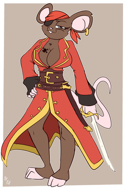 anthro big_breasts biped breast_tattoo breasts brown_body cleavage clothed clothing coat ear_piercing ear_ring eye_patch eyebrows eyewear female front_view half-closed_eyes hand_on_hip hand_on_own_hip headgear headkerchief headwear holding_melee_weapon holding_object holding_sword holding_weapon kerchief looking_at_viewer melee_weapon narrowed_eyes notched_ear piercing pirate red_clothing ring_piercing simple_background solo standing sword tattoo topwear weapon fuf mammal mouse murid murine rodent 2019 2:3 hi_res