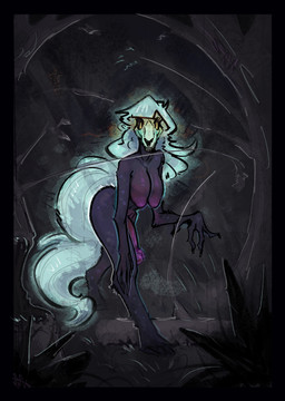 anthro big_breasts big_penis black_breasts black_sclera bone breasts fur genitals glowing glowing_eyes green_hair gynomorph hair hooves intersex looking_at_viewer navel nipples nude penis plant purple_body purple_fur skull skull_head smile solo tail tree walking yellow_eyes savielle equid mammal 2026 absurd_res digital_media_(artwork) hi_res