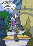 anthro aura clothing female profanity purple_clothing purple_shirt purple_topwear shirt solo speech_bubble stairs text threatening topwear pembrokewkorgi pluma_(pembrokewkorgi) avian bird mockingbird absurd_res english_text hi_res