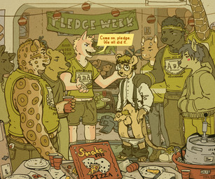 accessory anthro anthro_on_anthro armband body_hair bottomwear box briefs bullying chest_hair clothed clothing collared_shirt container detailed_background dialogue dress_shirt erection erection_under_clothing eyewear food forced foreskin frat_boy fraternity fraternity_pledge genitals glasses group hazing headband holding_chin inside keg male male/male masturbation nerd partially_clothed penis pizza pizza_box shirt shorts speech_bubble suspenders tank_top text tighty_whities topwear underwear white_briefs white_clothing white_underwear obrien_(artist) chip_(obrien) donut_(obrien) bear canid canine canis felid fox giraffe giraffid hybrid mammal mouse murid murine pantherine rodent snow_leopard wolf 6:5 english_text