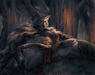anthro armor balls black_body black_fur black_nose bottomwear bottomwear_aside cloak clothing clothing_aside erection facial_scar foreskin forest fur genitals humanoid_genitalia humanoid_penis loincloth loincloth_aside looking_at_viewer lying male muscular muscular_anthro muscular_male outside penis plant scar scars_all_over solo spread_legs spreading tree vein veiny_penis draygoezz elden_ring fromsoftware blaidd_(elden_ring) canid canine canis mammal wolf 2026 absurd_res hi_res signature