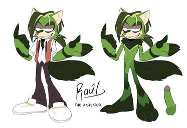 anthro balls big_ears big_hands body_pattern bottomwear clothing erection fangs fluffy fluffy_tail foreskin fur genital_piercing genitals glans green_body green_fur green_hair green_penis hair male medium_penis necktie nude pants patterned_fur penis piercing ponytail red_clothing red_topwear red_vest shirt smile solo tail teeth topwear unbuttoned_shirt vest eldrossss sega sonic_the_hedgehog_(series) fan_character raul_the_anteater anteater mammal pilosan xenarthran hi_res model_sheet