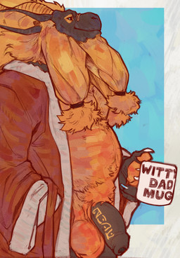 anthro balls beard beard_ring blue_eyes body_writing claws clothed clothing container crotch_tuft cup daddy_mug eyewear facial_hair finger_claws foreskin fur genitals glasses hair holding_container holding_cup holding_mug holding_object horn male mature_male mug open_clothing open_robe orange_body orange_fur penis robe robe_only side_view slightly_chubby solo text tuft wearing_glasses writing_on_genitals writing_on_penis eyrich mythology sandalf dragon furred_dragon furred_scalie mythological_creature mythological_scalie scalie english_text hi_res portrait three-quarter_portrait