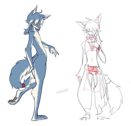 accessory ambiguous_gender anthro belt blue_body blue_fur clothed clothing countershading crop_top digit_ring feet food fur hair_accessory hairclip hat headgear headwear holding_food holding_object jewelry looking_back nipples nude pawpads ring ring_(jewelry) shirt simple_background skimpy skinny solo tail text toes tongue tongue_out topwear white_background white_body white_countershading nekodoiko canid canine canis mammal wolf english_text hi_res multiple_images sketch watermark
