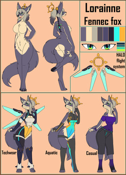anthro big_breasts border bottomwear breasts brown_border clothed clothed_anthro clothed_female clothing cybernetic_wing cybernetics digitigrade featureless_breasts featureless_crotch female fluffy fluffy_tail fur green_eyes grey_body grey_fur grey_hair hair halo legwear leotard machine multicolored_body multicolored_clothing multicolored_fur multicolored_leotard nude nude_anthro nude_female pants pawpads purple_clothing purple_shirt purple_topwear shirt solo streetwear tail tan_body tan_fur techwear text thigh_highs topwear two_tone_body two_tone_fur wide_hips koekoek lorainne_(koekoek) canid canine fennec_fox fox mammal true_fox 2026 english_text hi_res model_sheet