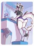 anthro bathroom bottomwear breasts brush butt clothed clothing female inside low-angle_view non-mammal_breasts shorts solo standing thick_thighs toothbrush topless vurrus arasteia fish marine shark hi_res