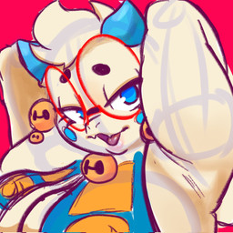 2_horns anthro armpit_fetish bell big_breasts blue_eyes blue_horn breasts circle_eyebrows clothing eyebrows eyelashes eyewear female female_anthro front_view fur glasses hair hands_behind_head head_horn horn jingle_bell light_body light_fur light_hair lips open_mouth red_background red_eyewear red_glasses round_glasses simple_background solo wearing_glasses white_body white_fur white_hair white_sclera squeezysquisher atlyss angela_flux mammal oathkin_(atlyss) 1:1 2026 bust_portrait digital_drawing_(artwork) digital_media_(artwork) guide_lines hi_res icon portrait unfinished