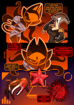 1_eye ambiguous_gender anthro arms_tied back_tentacles bodysuit bound breasts clothed clothed_anthro clothed_female clothing dialogue female feral group mummy_wrappings orange_body real skinsuit speech_bubble tentacles text tight_clothing rem_phase clyde_(rem_phase) gino_(rem_phase) gorb_(rem_phase) kenzie_(rem_phase) arthropod asterozoan crab crustacean decapod demon echinoderm echinozoan felid feline fish mackerel_shark mako_shark malacostracan mammal marine sea_urchin shark starfish white_shark 2025 absurd_res comic english_text hi_res