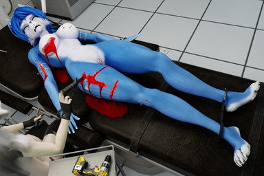 abuse anthro blood blood_from_wound blue_body bodily_fluids bound breasts clitoris clothing crying cuff_(restraint) duo eyes_closed female female/female female_on_bottom floor genitals gore handcuffed handcuffed_to_bed handcuffs handwear knife knife_play legs_tied legwear lying metal_cuffs nail_in_breast nail_in_knees nails nipples nude on_back on_bottom open_wound pain pliers restraints screwdriver stab_wound suffering tears teeth tile tile_floor tiled_background tools torture vulva white_body wound_on_arm wound_on_breast wound_on_leg wound_penetration wounded mikabb warfaremachine_(modeler) hellaverse helluva_boss mythology nintendo star_fox krystal_(star_fox) loona_(helluva_boss) warfare_krystal canid canid_demon canine demon fox hellhound mammal mythological_canine mythological_creature 2026 3:2 3d_(artwork) absurd_res digital_media_(artwork) hi_res
