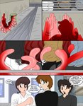 blue_eyes bottomwear brown_eyes clothed clothing dialogue footwear fully_clothed group inside male open_mouth pants shirt shoes speech_bubble standing tentacles text topwear aakashi dezblade joducus goo_creature human mammal 2014 colored comic english_text