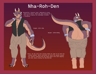 anthro balls border bracelet brown_body butt clothing erection erection_under_clothing genitals gold_(metal) horn jewelry looking_at_viewer male multi_horn muscular muscular_male presenting presenting_hindquarters red_border solo text zortrex microsoft the_elder_scrolls nha-roh-den_(zortrex) argonian scalie absurd_res english_text hi_res