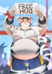 anthro belly blush bulge clothing fur male nipples outside overweight solo underwear white_body white_fur pawsve felid mammal pantherine tiger 2022 hi_res