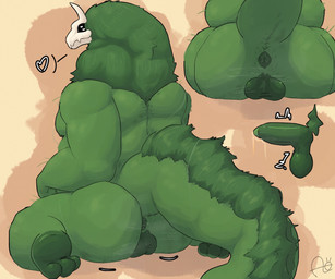 3_toes 4_eyes anthro anus aroused balls belly big_balls big_butt bodily_fluids bone butt butt_focus erection feet fur genital_fluids genitals glistening glistening_balls glistening_genitalia glowing glowing_eyes grass green_body green_hair hair heart_symbol horn humanoid_genitalia larger_but_small leaking leaking_precum long_tail looking_at_viewer male mature_male multi_eye nipples nude overweight penis plant precum presenting presenting_hindquarters pubes pulsing pupils raised_tail sitting skull skull_head small_balls small_penis solo steam tail teeth toes white_pupils aimskull american_mythology indigenous_north_american_mythology mythology north_american_mythology hejji_(aimskull) deer mammal monster mythological_creature wendigo 2026 6:5 digital_drawing_(artwork) digital_media_(artwork) hi_res signature