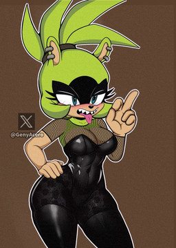 anthro blush breasts cleavage clothed clothing dress ear_piercing ear_ring female fishnet_clothing fishnet_topwear fur green_body hair legwear open_mouth piercing ring_piercing simple_background solo standing stockings teeth tongue tongue_out topwear genyacero idw_publishing sega sonic_the_hedgehog_(comics) sonic_the_hedgehog_(idw) sonic_the_hedgehog_(series) surge_the_tenrec afrosoricid mammal tenrec digital_media_(artwork) hi_res