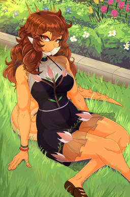 anthro athletic athletic_anthro athletic_female big_breasts biped black_clothing black_dress bracelet breasts brown_hair clothing dress eyebrow_through_hair eyebrows feet female fingers floral_print flower garden grass hair high-angle_view humanoid_feet humanoid_hands jewelry long_hair long_tail looking_at_viewer looking_up non-mammal_breasts orange_body plant plantigrade pose red_eyes sitting smile solo spiked_tail spikes spikes_(anatomy) tail tan_body translucent translucent_hair i_am_indistress cavemanon_studios goodbye_volcano_high ko_op_(game_developer) snoot_game rosa_(gvh) aquilops ceratopsian dinosaur marginocephalian ornithischian prehistoric_species reptile scalie 2025 absurd_res colored hi_res shaded