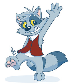 anthro black_nose bottomless clothed clothing fur gesture glistening glistening_eyes grey_body grey_fur grin logo looking_at_viewer male male_anthro markings pawpads pink_pawpads red_clothing red_topwear red_vest simple_background smile solo standing striped_markings striped_tail stripes tail tail_markings topwear vest waving waving_at_viewer white_body white_fur yellow_eyes young young_anthro young_male pandapaco mammal procyonid raccoon artist_logo signature