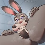 anthro bodily_fluids breasts breath censored_genitalia ears_up female genital_fluids nipple_tape open_mouth pasties patch_(fabric) paws pussy_tape solo tape vaginal_fluids wide_hips ranillopa disney zootopia judy_hopps hare lagomorph leporid mammal rabbit 2025 censored hi_res