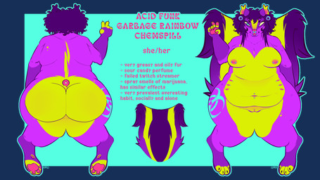 acid_funk anthro belly belly_piercing big_belly big_butt biohazard_symbol breasts bright_colors butt curly_hair ear_piercing eyebrows facial_piercing female fur hair hazard_symbol heterochromia markings multi_nipple nipple_piercing nipples overweight overweight_female pawpads piercing pink_nipples pink_nose pink_pawpads purple_body purple_fur purple_hair solo striped_markings striped_tail stripes symbol tail tail_markings text thick_eyebrows yellow_belly yellow_paws ammoniate mammal mephitid skunk 16:9 alpha_channel hi_res model_sheet widescreen