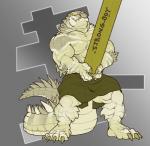 abs absurd_res alligator alligatorid anthro big_biceps big_muscles caber caber_toss carrying_another claws clothed clothing crocodilian english_text green_body green_scales hi_res holding_object kaiju kilt korboryn log long_tail male muscular muscular_anthro muscular_male nightterror partially_clothed pecs reptile scales scalie sharp_teeth simple_background smile solo standing tail teeth text thick_tail white_body white_scales wood yellow_eyes