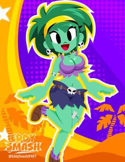accessory bottomwear breasts clothing ear_piercing female green_hair hair hair_accessory hairband headband navel open_mouth piercing raised_leg short solo eddysmash2407 shantae_(series) wayforward rottytops undead zombie digital_drawing_(artwork) digital_media_(artwork) hi_res