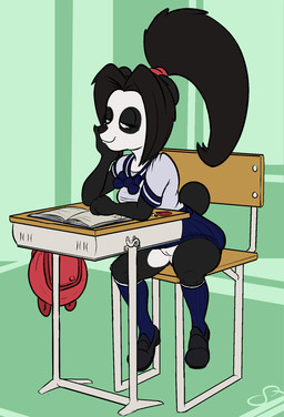 adolescent anthro arm_support backpack black_body black_clothing black_footwear black_nose black_shoes blue_bottomwear blue_bow blue_clothing blue_footwear blue_shirt blue_skirt blue_socks blue_topwear book bottomwear bow_accessory chair classroom clothed clothing clothing_bow desk eraser exhibitionism eyelashes female footwear furgonomics furniture genitals green_eyes hair half-closed_eyes legwear loli looking_at_viewer multicolored_body narrowed_eyes no_underwear pencil_(object) ponytail school school_desk school_uniform shirt shoes sitting skirt smile smirk socks solo spread_legs spreading swinging_legs table tail tail_through_skirt topwear two_tone_body uniform upskirt vulva white_body white_clothing white_shirt white_topwear young young_anthro young_female squeedrii_(artist) blizzard_entertainment warcraft li_li_stormstout bear mammal pandaren hi_res