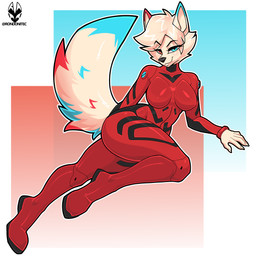4_toes 5_fingers abstract_background anthro armor big_breasts big_tail biped black_armor black_collar black_nose blue_ear_tips blue_eyes blue_markings blush blush_lines breasts claws collar countershade_fur countershading digitigrade dipstick_ears ear_markings eyebrow_through_hair eyebrows eyeshadow feet female finger_claws fingers fluffy fluffy_tail full_body_suit fur hair hand_on_hip heterochromia humanoid_hands looking_at_viewer makeup markings multicolored_ears plugsuit raised_eyebrow raised_leg red_armor red_ear_tips red_eyes red_markings simple_background smug smug_expression snout solo tail tail_tuft text thick_thighs toes translucent translucent_hair tuft white_body white_claws white_ears white_fur white_hair white_sclera rondonite neon_genesis_evangelion maedbh_(anchorite) arctic_wolf canid canine canis mammal wolf 1:1 2026 absurd_res artist_name digital_drawing_(artwork) digital_media_(artwork) hi_res shaded watermark