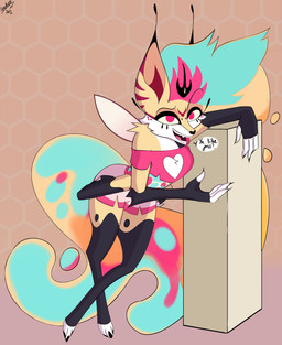 4_arms 4_fingers anthro back_wings bottomwear cleavage_cutout clothed clothing crop_top cutout dialogue female fingers fur hair hotpants insect_wings leaning multi_arm multi_limb multicolored_hair off_shoulder pattern_background pink_bottomwear pink_clothing pink_crop_top pink_eyes pink_shirt pink_shorts pink_topwear scene_reference shirt shorts simple_background solo text topwear unusual_hair wings yellow_body yellow_fur yellow_sclera ghostspectre42 bee_movie hellaverse helluva_boss queen_bee-lzebub_(helluva_boss) arthropod bee canid canid_demon canine demon fox hymenopteran insect mammal 2024 absurd_res english_text hi_res