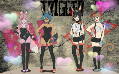 alternate_species anthro armwear black_body black_fur black_hair blue_body blue_eyes blue_fur blue_hair breasts brown_body brown_eyes brown_fur brown_hair bunny_costume choker clothed clothing costume cuff_links elbow_gloves female fluffy fluffy_tail footwear fur gloves group hair hand_on_hip handwear high_heels jewelry legwear long_hair multicolored_body multicolored_fur multicolored_hair navel necklace pink_body pink_fur pink_hair pumps shoes suspenders tail thigh_highs white_body white_fur osnach_kristina brand_new_animal kill_la_kill studio_trigger mako_mankanshoku michiru_kagemori nazuna_hiwatashi ryuko_matoi animal_humanoid canid canine fox humanoid lagomorph lagomorph_humanoid leporid_humanoid mammal mammal_humanoid rabbit_humanoid raccoon_dog tanuki 2020 crossover hi_res