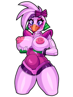 anthro areola beak big_breasts blue_eyes breasts clothing ear_piercing exposed_breasts eyelashes facial_markings female front_view head_feathers head_markings head_tuft holding_breast leotard machine markings nipples piercing pink_areola pink_nipples shoulder_pads simple_background solo thick_thighs tuft white_background wide_hips kangash five_nights_at_freddy's five_nights_at_freddy's:_security_breach scottgames steel_wool_studios glamrock_chica animatronic avian bird chicken galliform phasianid robot 3:4 hi_res
