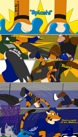 anthro backflip bottomwear clothing fight group kick male shorts splashing_water conditional_dnp notkastar zatch_(notkastar) canid canine canis felid haplorhine lizard mammal monkey pantherine primate reptile scalie tiger wolf 4:7 animated animated_comic comic hi_res high_framerate