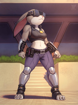 3_toes anthro arm_guards armor belt belt_buckle belt_pouch biped black_clothing black_crop_top black_shirt black_topwear blue_bottomwear blue_clothing blue_pants boots bottomwear breasts buckle building claws clothed clothed_anthro clothed_female clothing crop_top cybernetics cyberpunk cyberware day ears_down feet female female_anthro fingers fist footwear front_view frown fully_clothed fully_clothed_anthro fully_clothed_female fur gauntlets gloves grey_body grey_fur handwear knee_pads machine midriff mouth_closed multicolored_body multicolored_fur navel outside pants pink_nose pivoted_ears plant plantigrade police police_badge police_officer police_uniform rabbit_ears shirt shoes solo standing toe_claws toeless_boots toeless_footwear toes topwear two_tone_body two_tone_fur uniform visor white_body white_fur window hacatiko disney zootopia judy_hopps cyborg lagomorph leporid mammal rabbit 2025 digital_drawing_(artwork) digital_media_(artwork) english_description full-length_portrait hi_res portrait