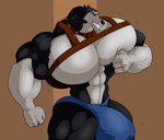 abs anthro big_bulge big_muscles big_pecs big_penis black_body black_fur black_nose blue_eyes bulge chest_harness clenched_teeth clothed clothing collar fur genitals harness huge_bulge huge_hips huge_muscles huge_pecs huge_penis huge_thighs hyper hyper_muscles looking_down looking_pleasured male motion_lines muscle_worship muscular muscular_anthro muscular_arms muscular_legs muscular_male muscular_thighs neck_muscles pec_frottage pecs pecs_frottage pecs_touching penis smile solo teeth thick_thighs thong thong_only topless underwear underwear_only white_body white_fur wide_hips greggrth balto_(series) universal_studios steele_(balto) alaskan_malamute canid canine canis domestic_dog mammal nordic_sled_dog spitz