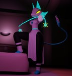 anthro bed bedroom bedroom_eyes black_body blue_hair boots breasts clothing cord_tail dress empty_eyes female floating_hands footwear furniture hair looking_at_viewer machine narrowed_eyes raised_leg seductive shoes smile solo whip white_clothing white_dress yellow_sclera lorded voidwillow_(modeler) deltarune undertale_(series) tasque_manager darkner robot 2023 3d_(artwork) absurd_res digital_media_(artwork) hi_res