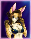 amanda_payne anthro bikini black_nose breasts brown_eyes brown_hair caracal caracal_(genus) cleavage clothed clothing dylan_(disambiguation) eyewear felid feline female fur glasses hair half-length_portrait jewelry long_hair looking_at_viewer low_res lynx mammal necklace portrait skimpy solo spots swimwear tight_clothing yellow_body yellow_fur