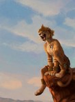2016 anthro bangle biped bottomwear brown_body brown_fur brown_nose brown_stripes claws cliff clothing cloud cover day detailed_background digital_media_(artwork) digital_painting_(artwork) eyes_closed felid franko_(negy) fur hax_(artist) hi_res jewelry kenket lion lofi loincloth male mammal open_mouth outside pantherine pawpads paws roaring shaded sitting sky slim slim_anthro slim_male smile solo stripes teeth tongue tribal whiskers white_body white_fur young