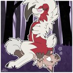 anthro blush breath butt canid canine duo facesitting forest generation_7_pokemon graedius_(artist) grin lycanroc lying male male/male mammal midnight_lycanroc nintendo plant pokemon pokemon_(species) rockruff sitting_on_another smile stomak tree