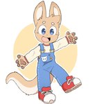 4_fingers anthro blue_eyes clothing fingers flower footwear happy long_sleeves long_tail male open_mouth overalls pawpads plant shirt solo tail topwear young young_anthro young_male aury kangaroo macropod mammal marsupial hi_res