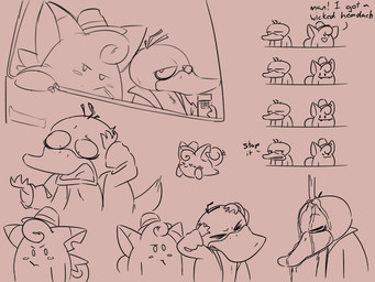 3_fingers 4_fingers anthro beak biting_on_toothpick brown_beak brown_body brown_claws brown_clothing brown_feathers brown_fur brown_hair brown_hat brown_headwear brown_jacket brown_tail brown_topwear claw_fingers claws closed_frown closed_smile clothed clothed_anthro clothed_female clothing counter curly_hair duo eyes_closed fangs feathers female female_anthro fingers frown fur hair half-closed_eyes hands_on_own_head hat hat_only headgear headgear_only headwear headwear_only holding_object inside_vehicle jacket light looking_at_another lying male male_anthro mostly_nude mouth_closed narrowed_eyes no_pupils notched_ear on_front open_beak open_clothing open_jacket open_mouth open_topwear semi-anthro short_hair smile smiling_at_another tail tail_motion tailwag talking_to_another teeth text tired_eyes toothpick topwear water wet wings yelling insert-thenewbl-here nintendo pokemon detective_clefairy detective_psyduck fan_character clefairy generation_1_pokemon pokemon_(species) psyduck 2025 4:3 colored digital_drawing_(artwork) digital_media_(artwork) english_description english_text hi_res lighting multiple_images shaded