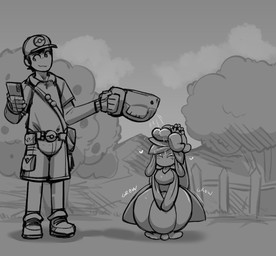 biped blush blush_lines bottomwear cellphone clothed clothing container detailed_background duo electronics female footwear front_view fully_clothed hat headgear headwear heart_symbol holding_object male mouthless not_furry oblivious outside phone plant shoes smartphone topwear tree water beepunz nintendo pokemon pokemon_trainer elemental_creature elemental_humanoid flora_fauna generation_5_pokemon human humanoid lilligant mammal plant_humanoid pokemon_(species) 2025 absurd_res digital_media_(artwork) hi_res monochrome