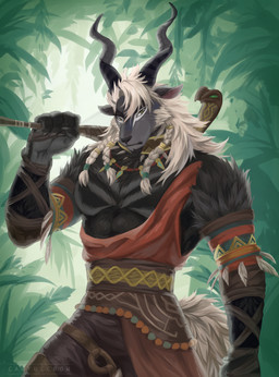 anthro antlers horn jewelry male markings melee_weapon necklace polearm solo spear tribal weapon cawfulcrow afk_arena afk_journey lilith_games nazrik_(afk_journey) antelope bovid caprine gazelle goat mammal hi_res