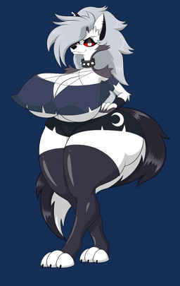 anthro big_breasts breasts clothing collar crop_top ear_piercing ear_ring female grey_hair hair hand_on_hip huge_breasts hyper hyper_breasts legwear piercing pupils red_sclera ring_piercing shirt slit_pupils solo spiked_collar spikes standing tail thick_thighs thigh_highs topwear wide_hips thegeckoninja hellaverse helluva_boss mythology loona_(helluva_boss) canid canid_demon canine demon hellhound mammal mythological_canine mythological_creature absurd_res alpha_channel hi_res