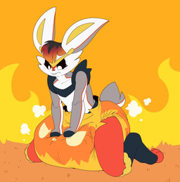 3_toes ambiguous_gender anthro big_diaper black_body black_fur black_sclera blush blush_lines brown_hair buckteeth clean_diaper clothed clothing cloud_emanata diaper diaper_only diaper_puff emanata featureless_hands feet fingerless_(marking) fire fur grey_body grey_fur grey_tail hair hand_on_diaper highlights_(coloring) kneeling leaning leaning_forward leg_markings looking_down markings multicolored_body multicolored_fur multicolored_tail orange_background red_body red_fur red_highlights red_nose red_tail scut_tail short_tail simple_background socks_(marking) solo tail teeth toeless_(marking) toeless_socks_(marking) toes topless touching_diaper wearing_diaper white_body white_fur white_tail yellow_inner_ear bubblepuppers nintendo pokemon cryo_lithius cinderace generation_8_pokemon pokemon_(species) absurd_res full-length_portrait hi_res portrait